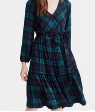 JCrew Drapey Long Sleeve Dress Black Watch Plaid Size 2 Blue Green J. Crew