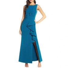 Eliza J Womens Dress Size 6 Teal Ruffle Front Cascade Sleeveless Cocktail Gown