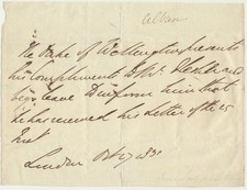 Arthur WELLESLEY, 1st Duke of Wellington / Third-Person Autograph Note Signed