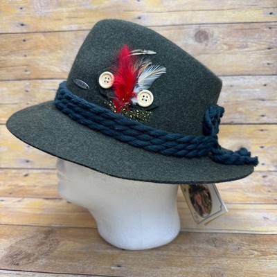 Alpen Hat Deluxe Alpine Wool Hat Green Bavarian Oktoberfest Feather Medium NEW