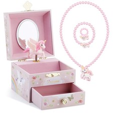 Kids Musical Jewelry Box for Girls with Drawer and Jewelry Set with Mysterious U