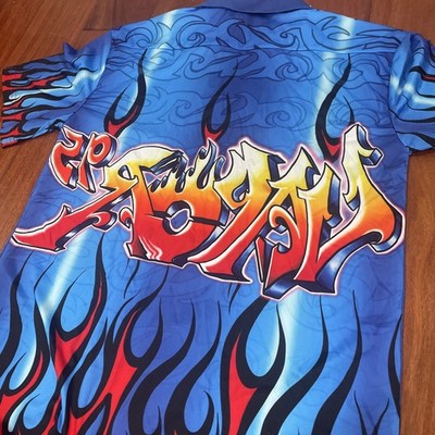 Hot Flaming Hawaiian All Over Graphic Button Up Shirt Vapor95 Blue X Large  NWT