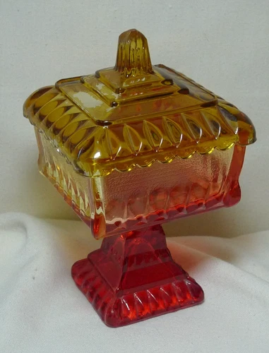 Jeanette Wedding Box Amberina Red Orange Square Pedestal Candy Dish Vtg w/Lid