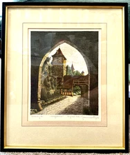 Vintage Original Ernst Geissendorfer Hand-Colored Etching of Rothenburg