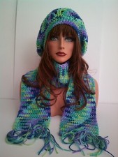 MULTI COLOR CROCHET RASTA HAT AND SCARF SET BAGGIE SLOUCHY BEANIE CAP TAM CLOCHE