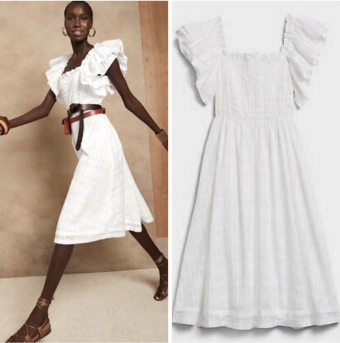 Banana Republic Midi Dress S Empire Waist Flutter Sleeve Smocked White NEW