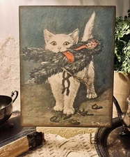 Cat Catches Krampus, Vintage Style Handcrafted Plaque / Sign