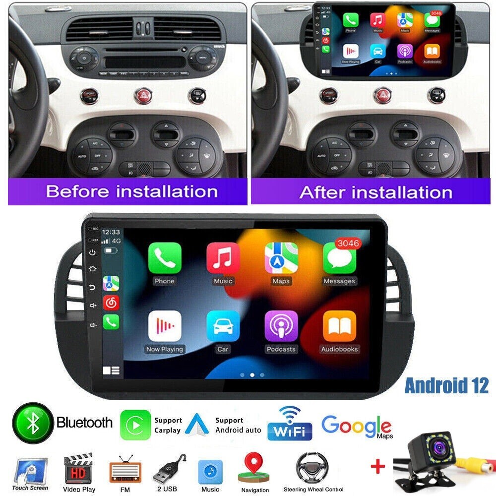 Android 9 Bluetooth RDS Auto Stereo Compatible for Fiat 500 (2007-2015) Draadloze Carplay Android Auto 7 Autoradio met Sat Navi/WIFI/FM/USB/12LED Reverse Camera/Mirror Link voor Android/iOS