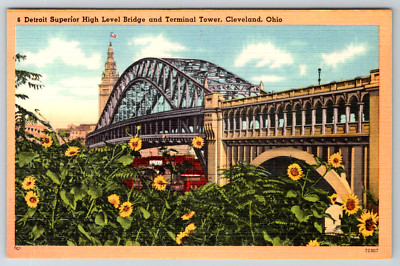 c1940s Detroit Superior High Level Bridge Terminal Tower Cleveland Ohio Linen