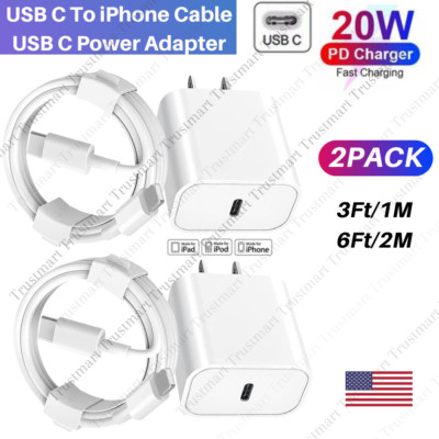 2 Pack For iPhone 13/12/11 Charging 20W USB C Fast Wall Charger Adapter PD Cable
