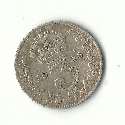 A VINTAGE VERY FINE 1916 GREAT BRITAIN SILVER 3 THREE PENCE COIN-JAN295