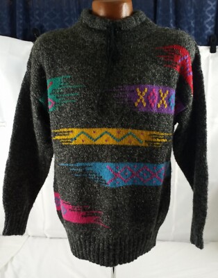VINTAGE KITTY HAWK PULL OVER GRAY SWEATER W/DRAWSTRING W/GEOMETRIC DESIGN SMALL