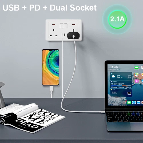 11/25W Double Wall Plug Socket 2 Gang 13A with USB Type C Outlets Flat Plate - Bild 2 von 15