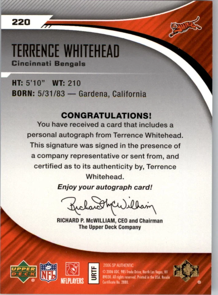 A7893- 2006 SP Authentic #220 Terrence Whitehead RC Auto /1175 - Image 2 of 2