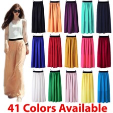 Women Double Layer Chiffon Pleated Retro Long Maxi Dress Elastic Waist Skirt IN
