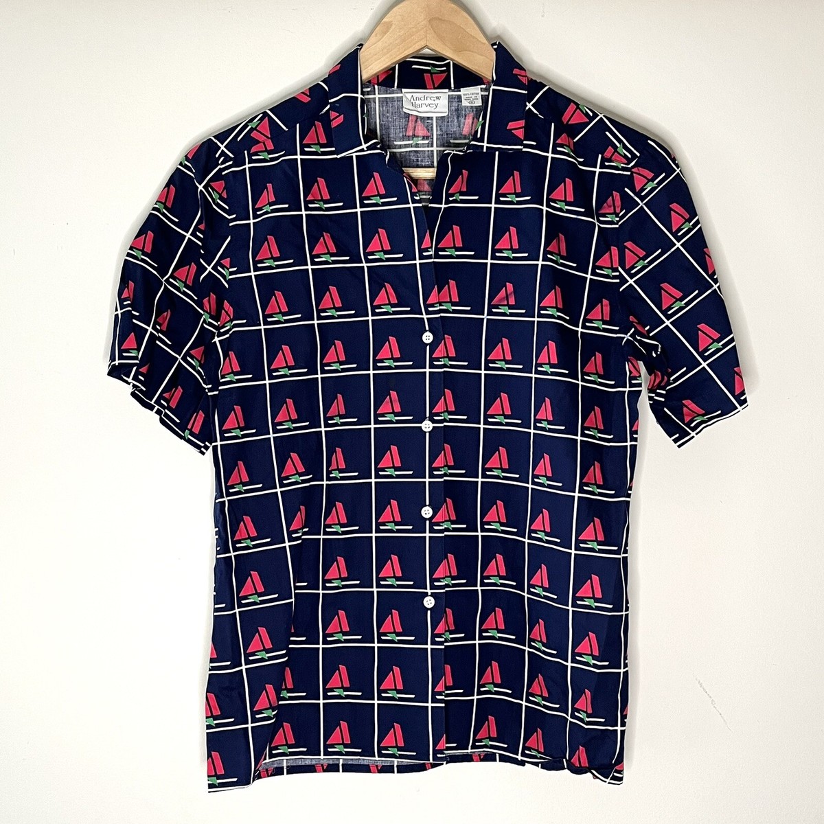 Vintage Andrew Harvey Women's 6 Shirt Button Sailboat Print Cotton