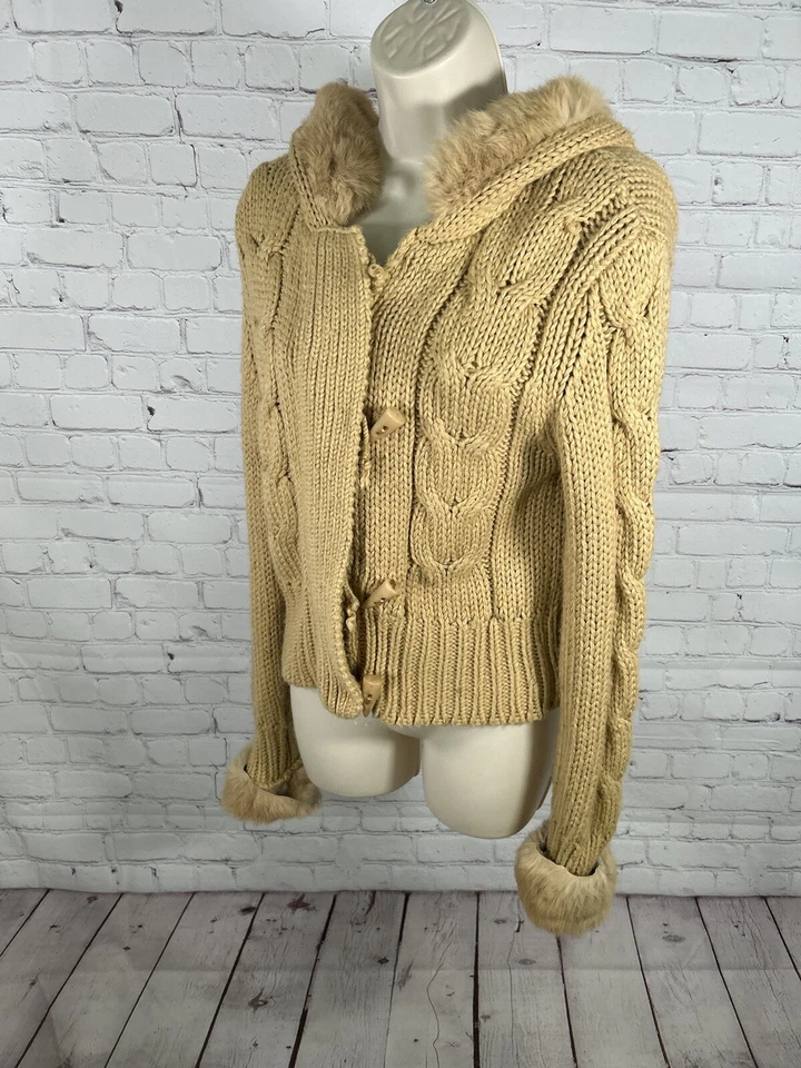 Kenji Chunky Hand Knit Brown Full Zip Rabbit Fur Hooded Toggle Close Jacket XL - Image 3 of 4