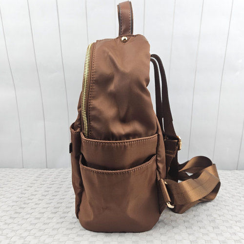 Stylish Shiny Brown Backpack Fun Pattern Lining Tons of Pockets Gold Hardware - Picture 4 of 13