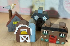 Lot of 4 Folk Art Buildings, Painted Wood Shelf Sitters and Magnets, 1.5"h