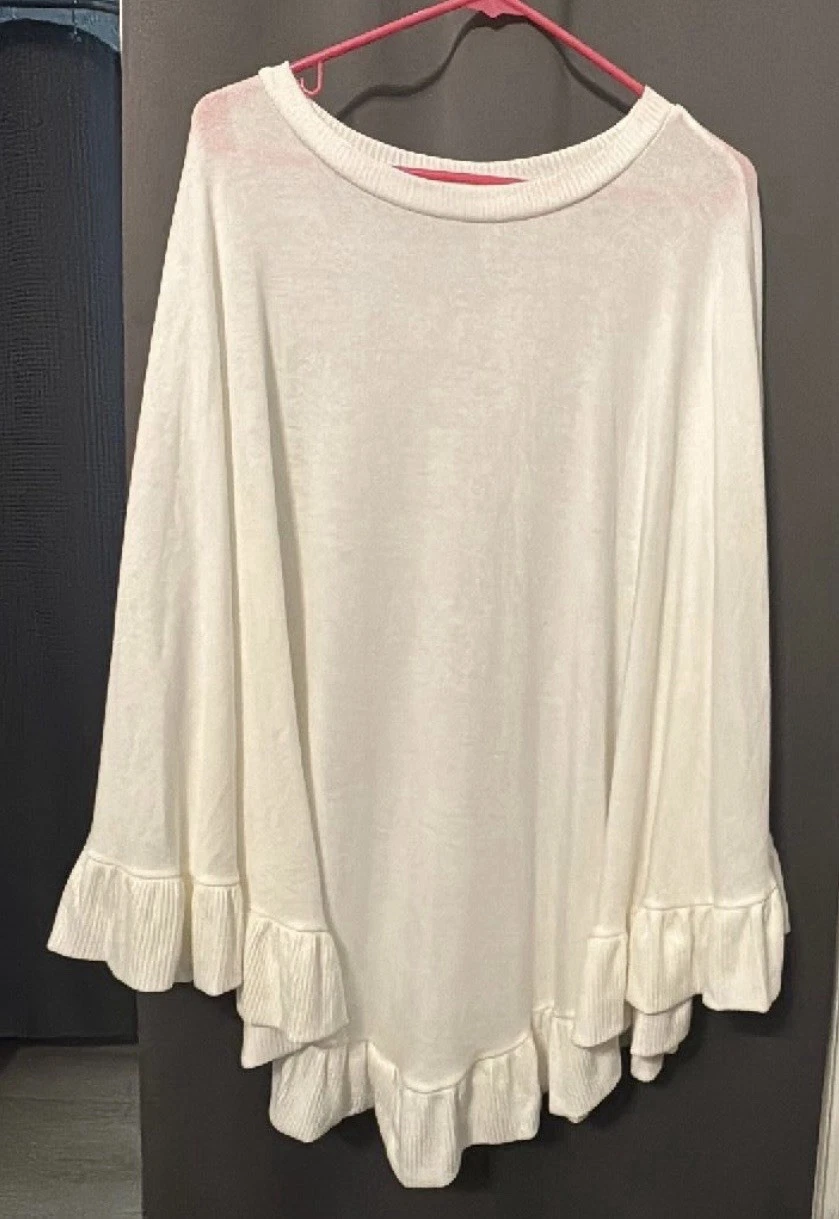 Zenana Outfitters Cream/White Ruffle Hem Cape/Poncho, Size L/Xl