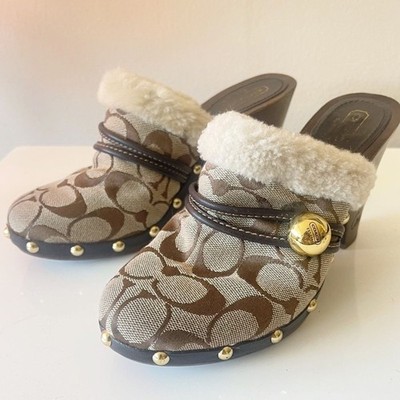 COACH Ivanka Signature Shearling Clogs Mules Brown Tan 6B Logo Studded
