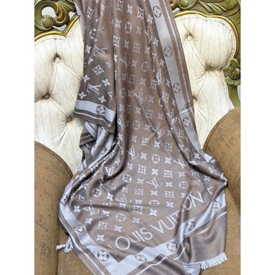 Louis Vuitton Monogram Cashmere Silk Shawl Scarf Brown Silver Fringe Paris