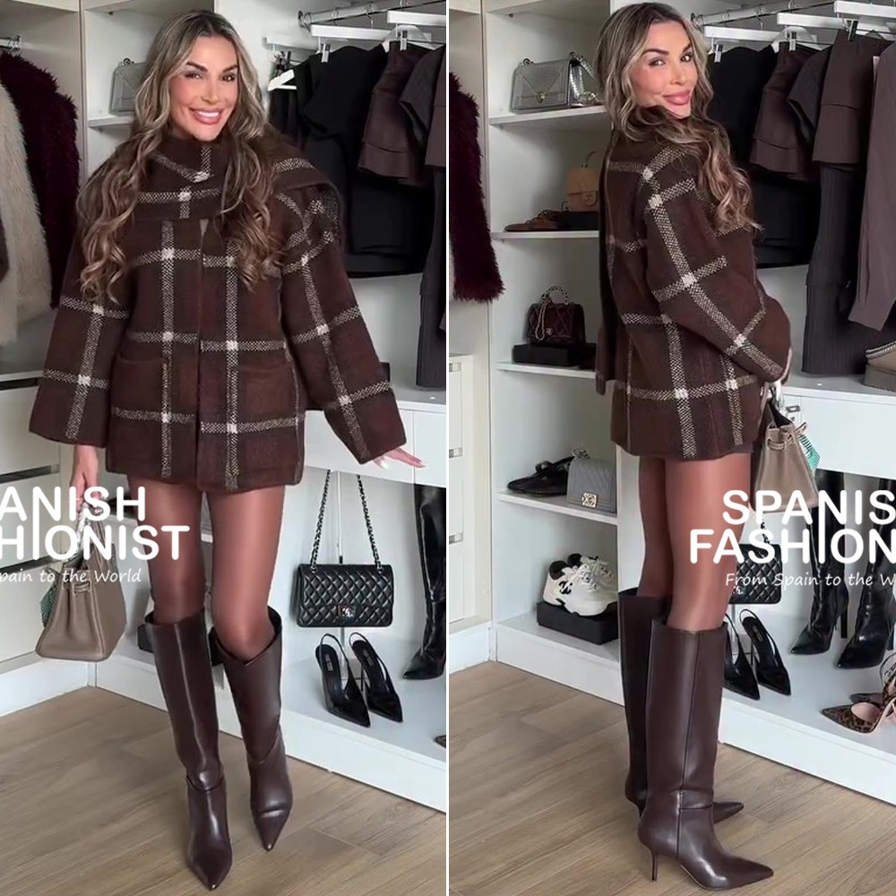 ZARA WOMAN FW25 BROWN SHORT PLAID SCARF KNIT COAT ALL SIZES 6427