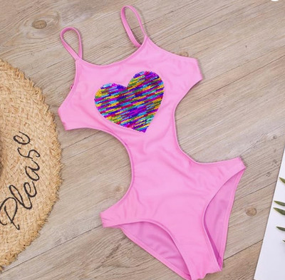 Swimwear for Girls Pink One Piece with Beautiful Sequin Heart Design Sz.7-8Y