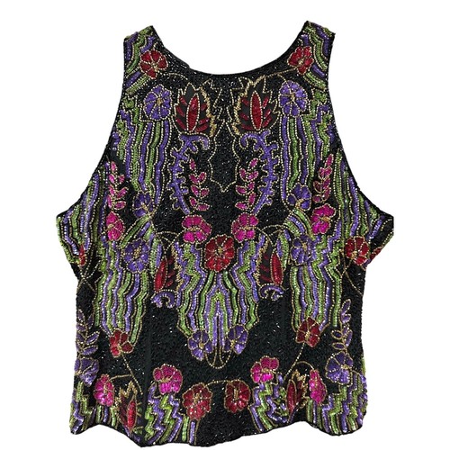 Laurence Kazar Silk Sleeveless Top Multicolor Beaded Sequins Lined Formal