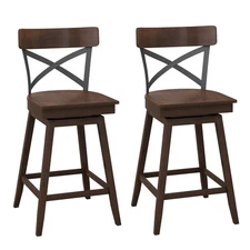 Set of 2 Wooden Swivel Bar Stools Counter Height Kitchen Chairs w/ Back Brown