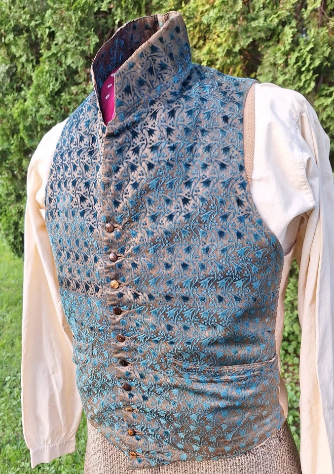 Original regency 1790s 1820s waistcoat vest 40" chest stand collar antique blue - Image 2 of 4