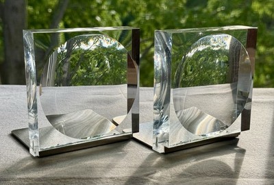 MCM Crystal Clear Lucite Op Art Concave Bookends - Charles Hollis Jones Style