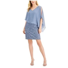 J Kara Beaded Cocktail Dress Sheer Cape Overlay V Neck 18 Dusty Blue NEW