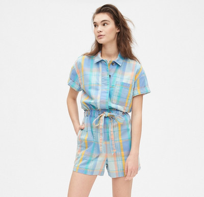 Gap Sz 14 Short Sleeve Plaid Romper Drawstring Waist Pockets Button Down
