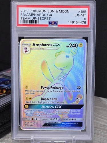 Pokemon Card Ampharos GX 185/181 Secret Rare  Sun & Moon Team Up Holo Rare PSA 6