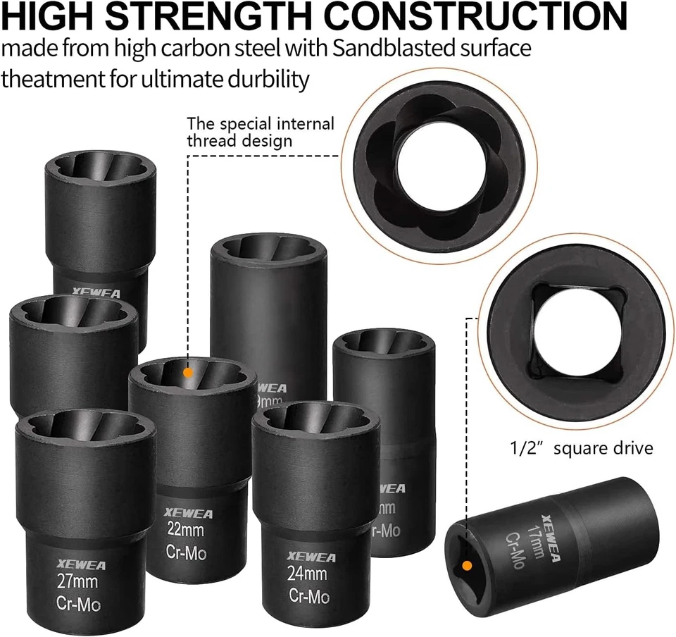 9PCS Bolt Nut Extractor Set, 1/2" Drive Impact Lug Nut Remover Socket Tool Foto 2 de 4