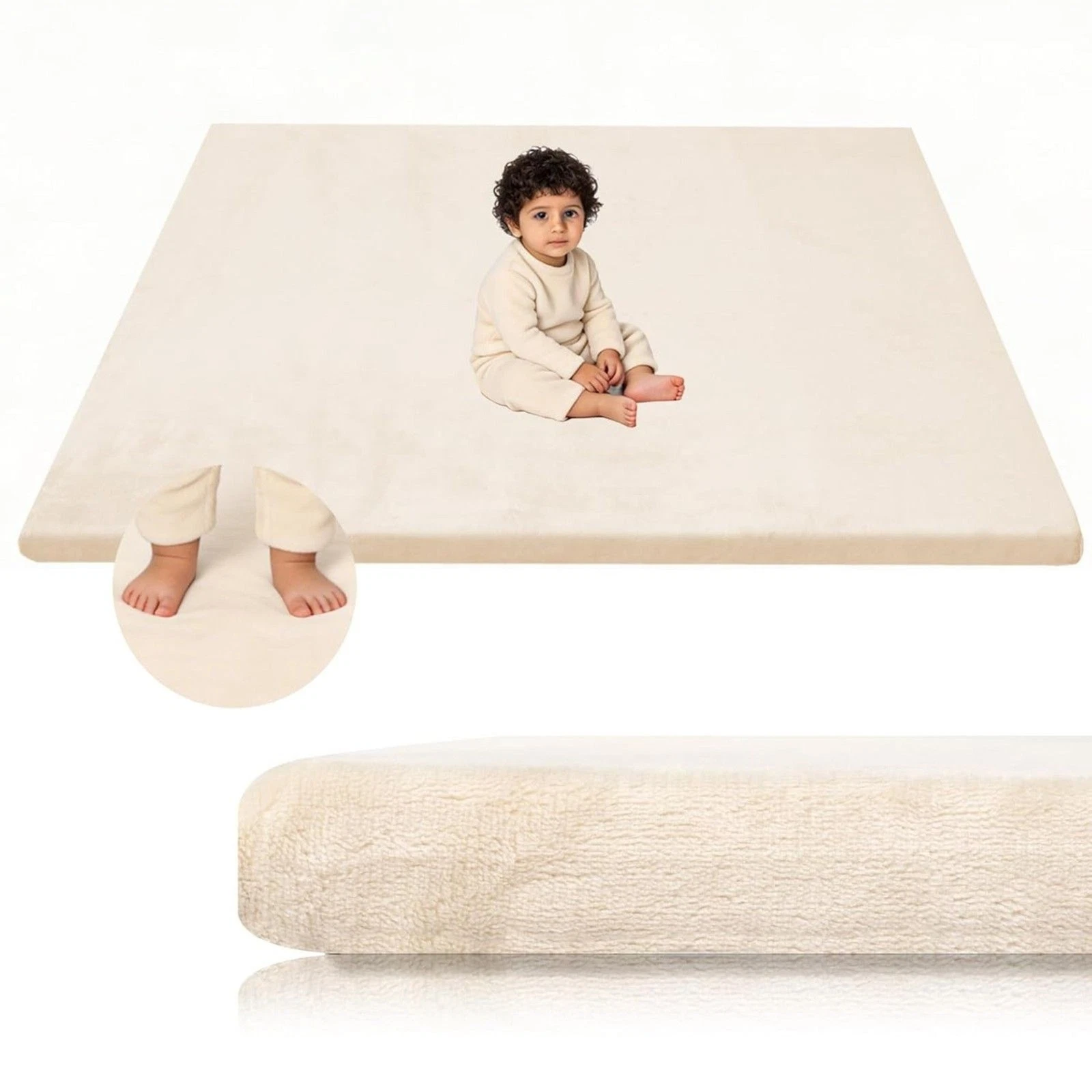 NEW Velvet Baby Play Mat 47x47 Beige 1.3" Thick Foam Washable Cover