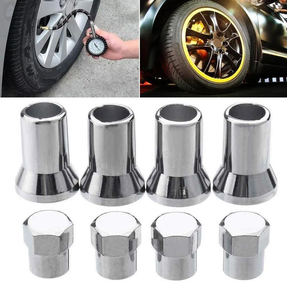 Car Tyre Valve Stem Stem Cap Tire Valve 4pcs Chrome Hexagon Cap Sleeve Cover - Image 2 of 4