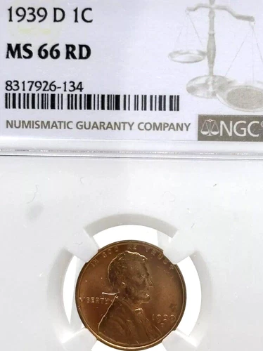 1939-D 1C RD  Lincoln Wheat One Cent NGC Cotton MS66RD  #2373