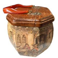 Vintage Anton Pieck Decoupage Wood Box Purse Bakelite Handle Town Market Scene