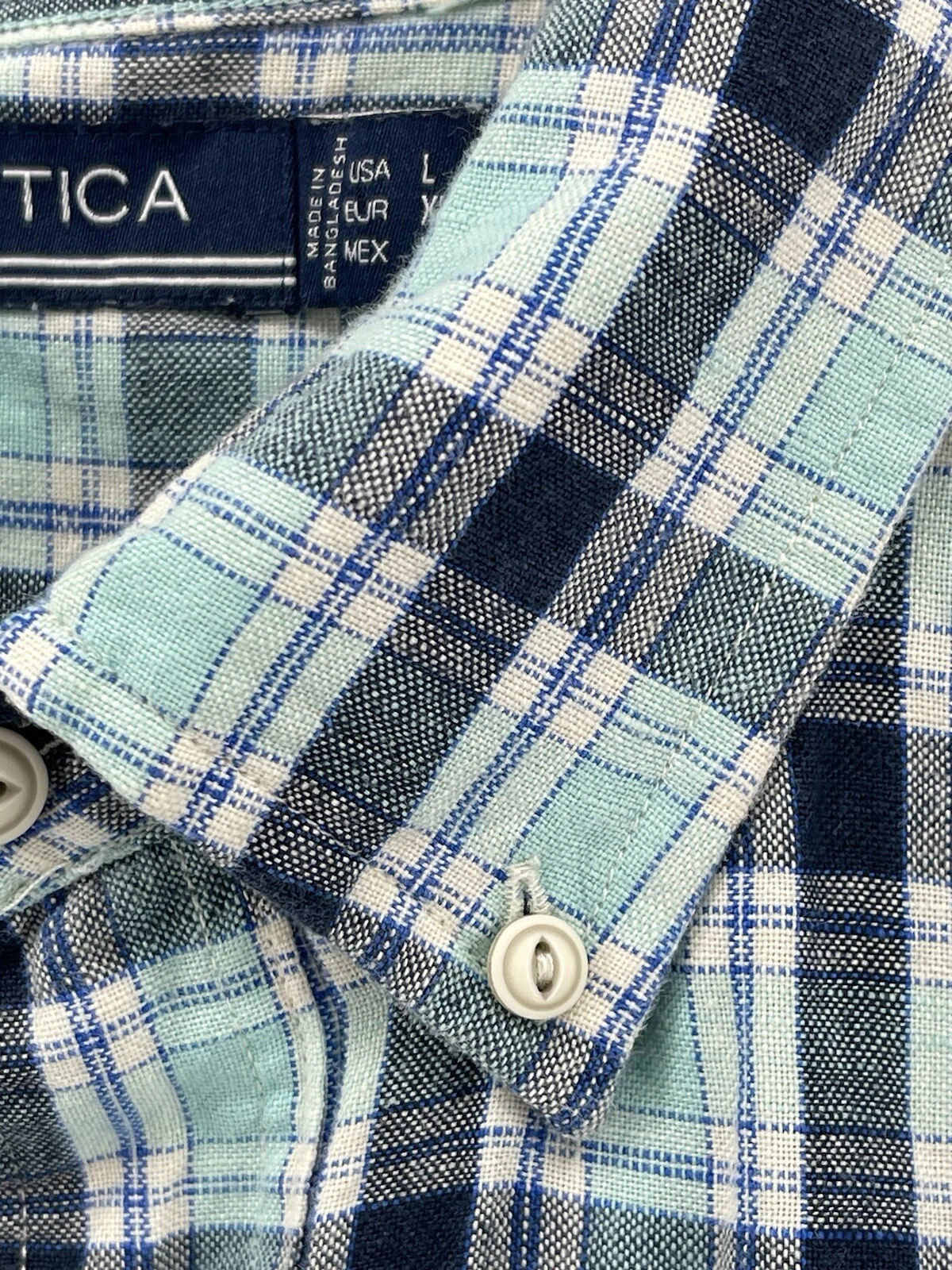 Nautica Linen Button Up Shirt Mens Size Large Teal Blue Short Sleeve Fast Ship