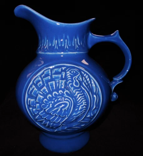 Vintage 1968 McCoy Art Pottery Blue Turkey Cameo Pattern 64oz. Water Pitcher