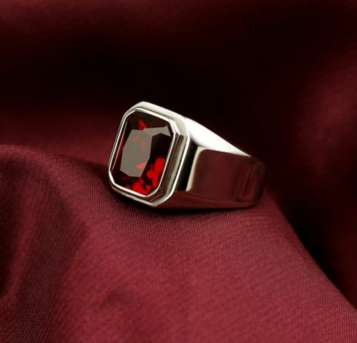 6.25Ct Emerald Cut Simulated Red Garnet Men's Wedding Ring 14K White Gold Plated - Picture 1 of 3