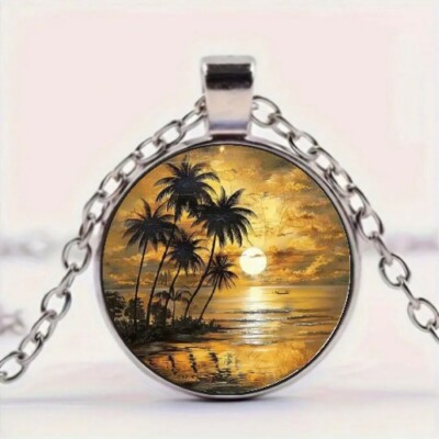 Tropical Sunset & Palm Tree Design Round Glass Pendant Necklace