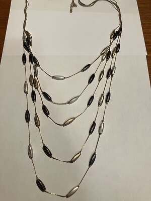 5 Strand Long Necklace, Gold Chain, Elongated Beads In Silver 