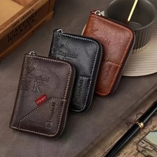 Cartera De Cuero PU Plegable Para Hombre Billetera Con Cremallera Bloqueo RFID