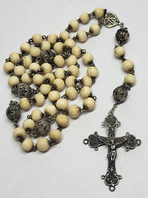 RARE Antique 19th ROSARY White Beads Sterling Silver Filigree