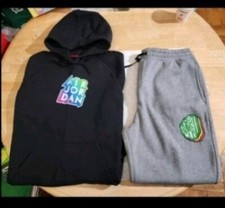 JORDAN FLIGHT BLACK - GREY HOODIE - PANTS SWEATSUIT - NEW MEN'S SIZE L