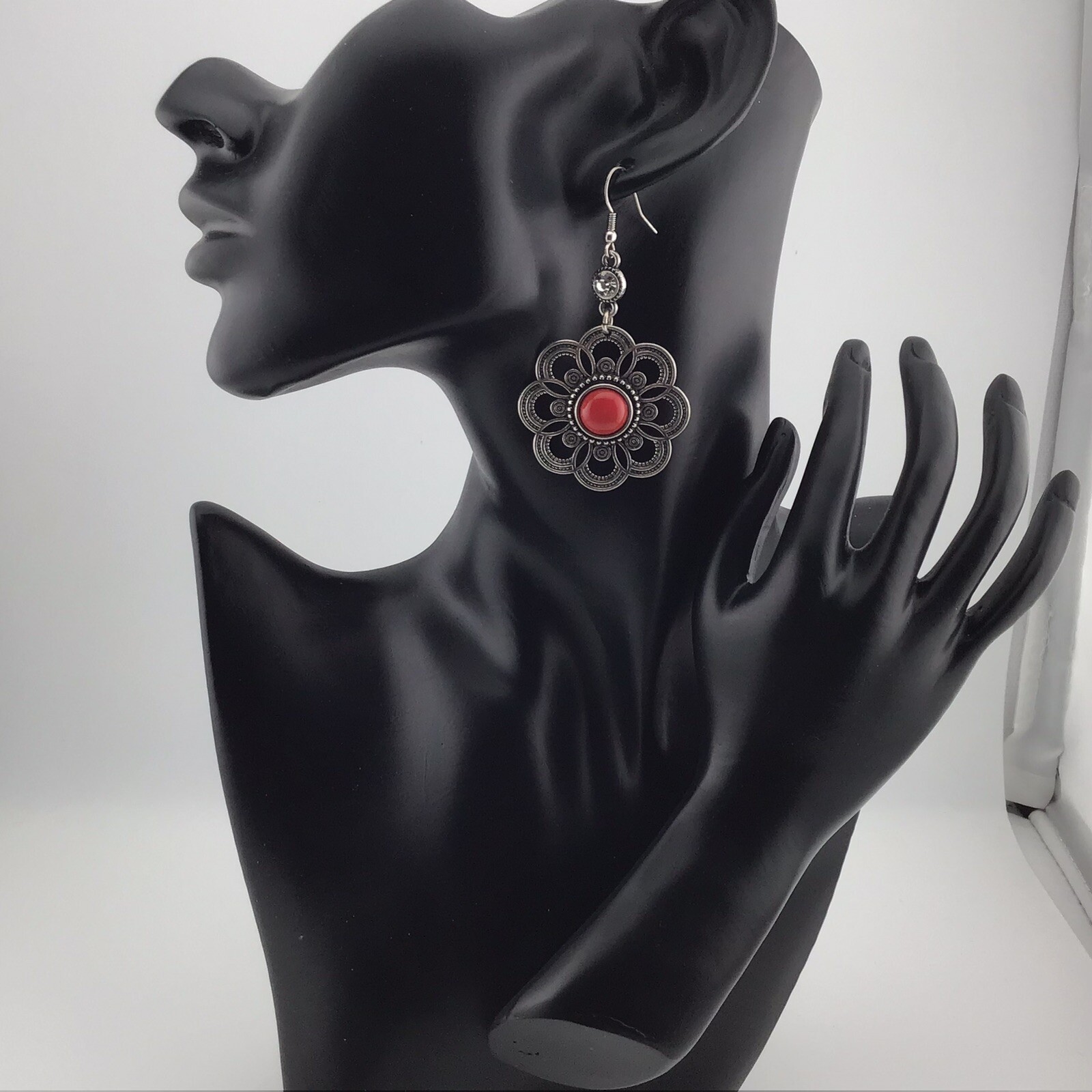 Earrings Dangle SilverT Red Flower Rhinestone Boh… - image 2