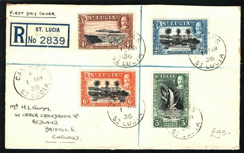 ST LUCIA KGV FDC Registered Castries First Day Cover GB Bristol 1936 PB262 - Picture 2 of 6